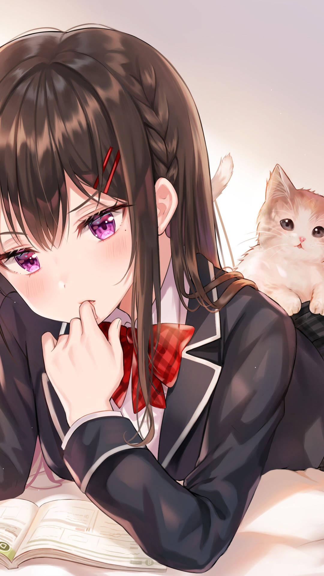 Hd Anime Phone Schoolgirl Laying Down With Cat Background