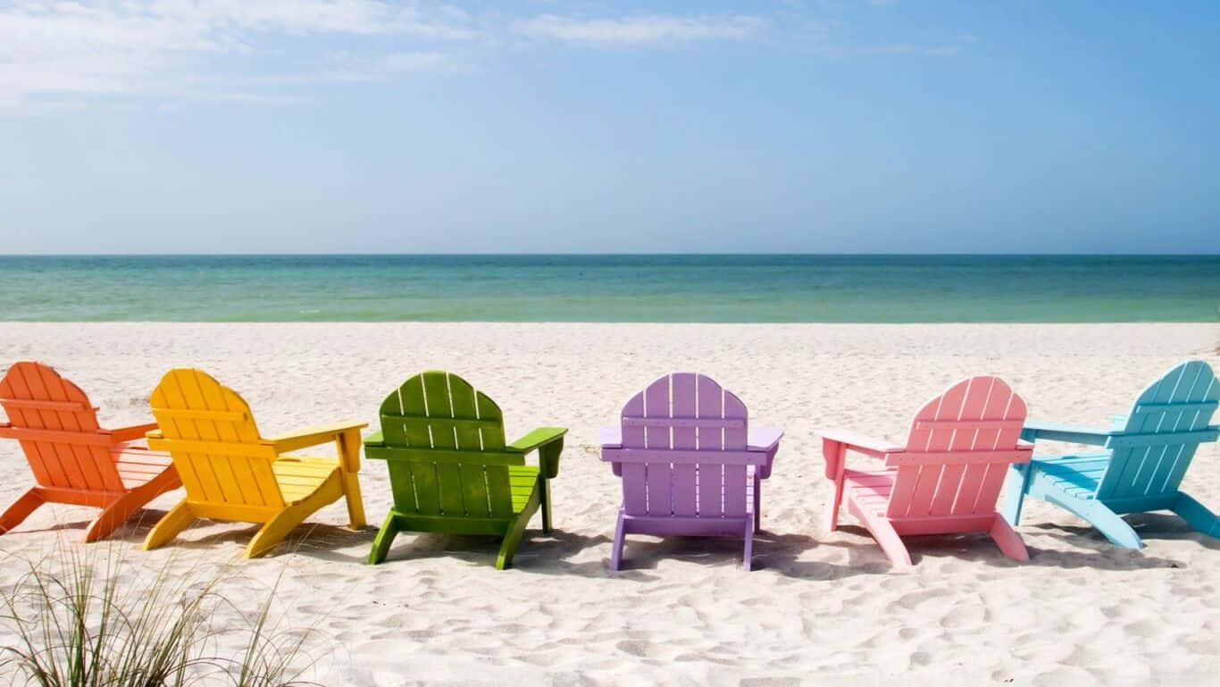 Hd Beach With Rainbow Chairs Background