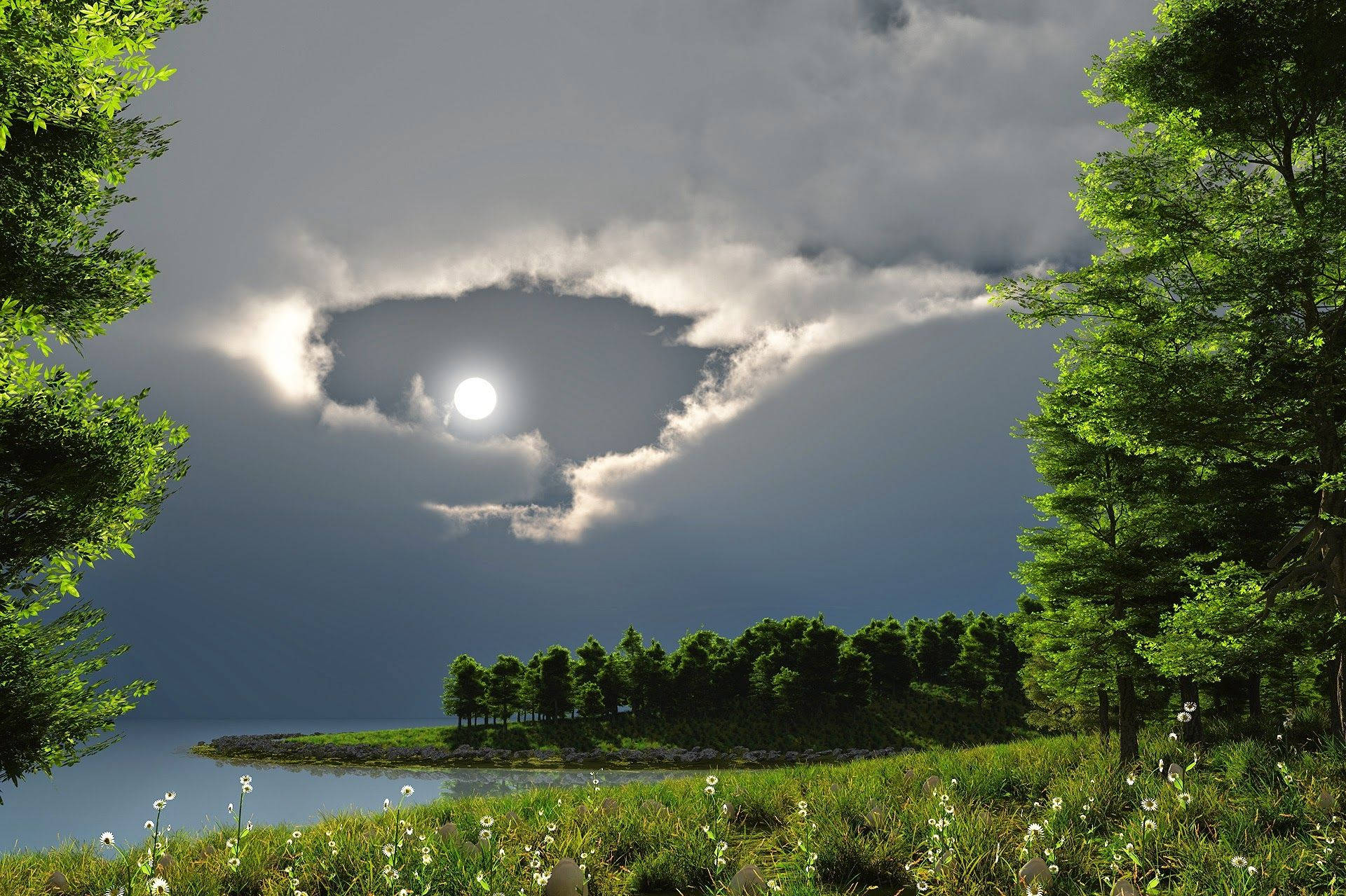 Hd Moon Peeking In Between Clouds Background