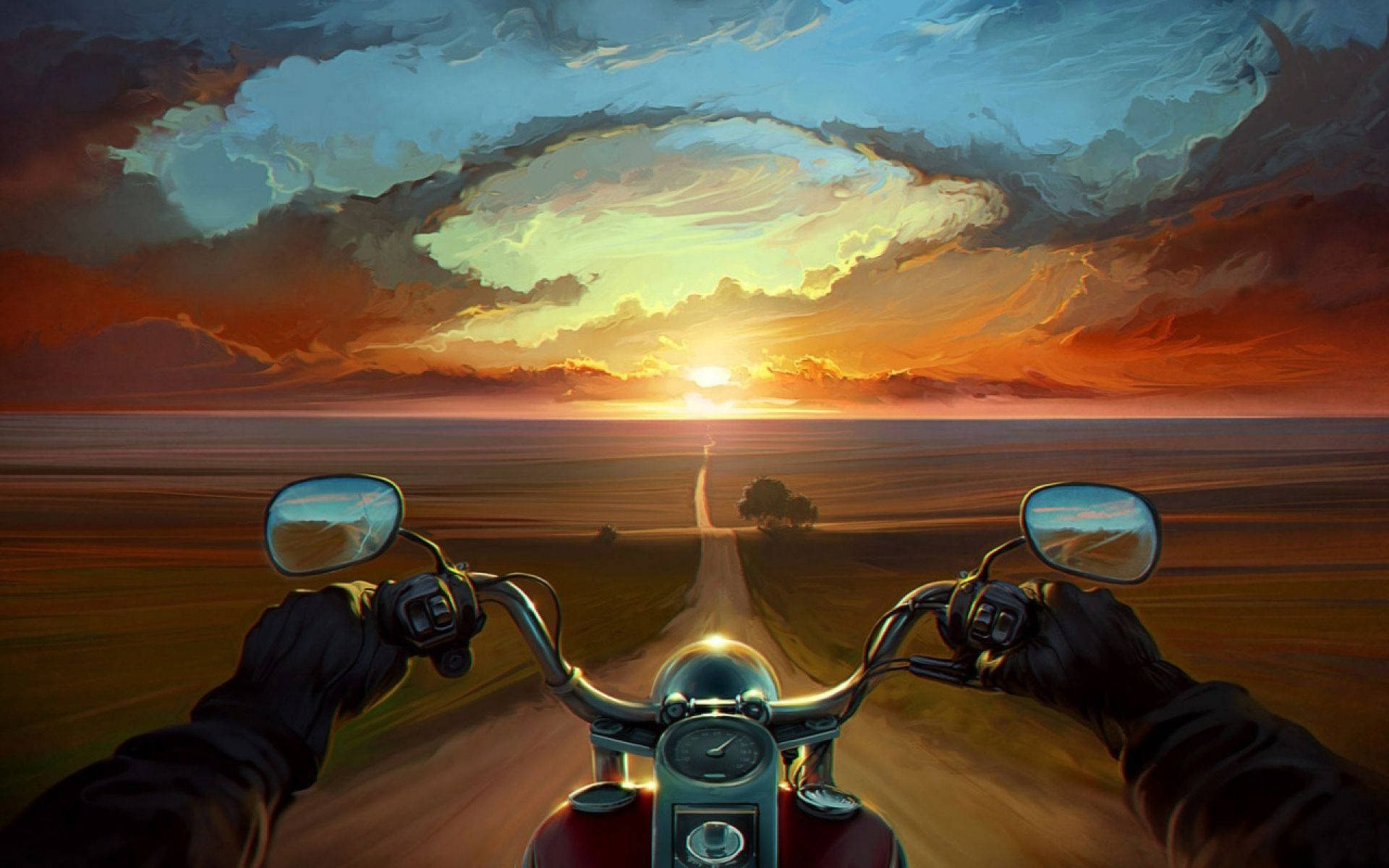 Hd Motorcycle Nature-sunset View Art Background