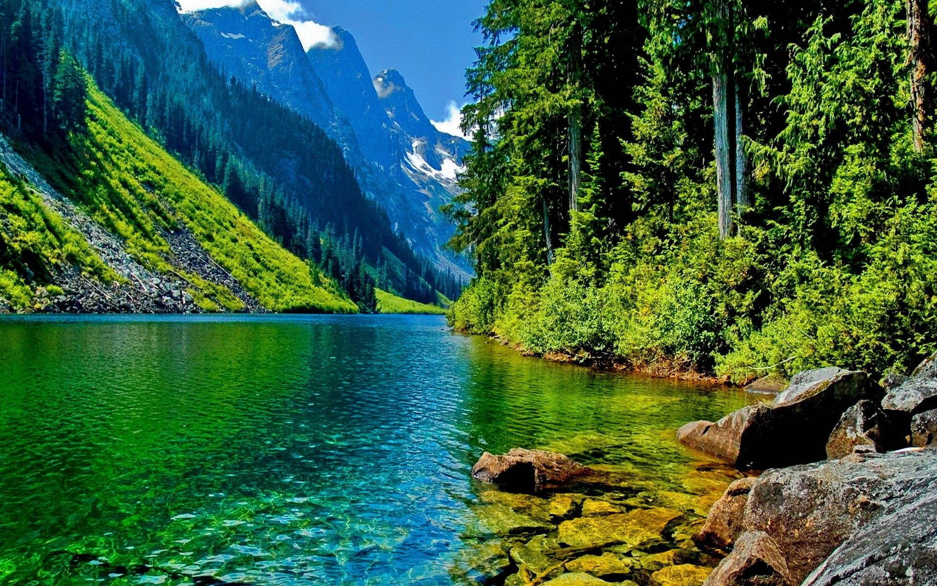 Hd River And Green Mountains Computer Display Background