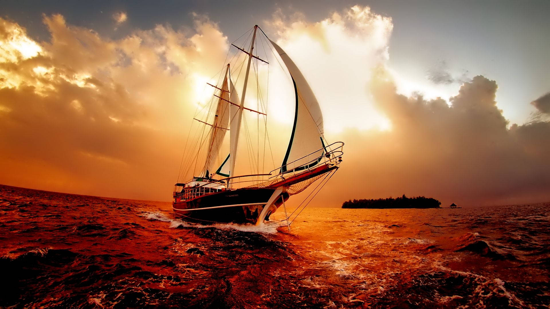 Hd Ship In The Sea Sunset Background