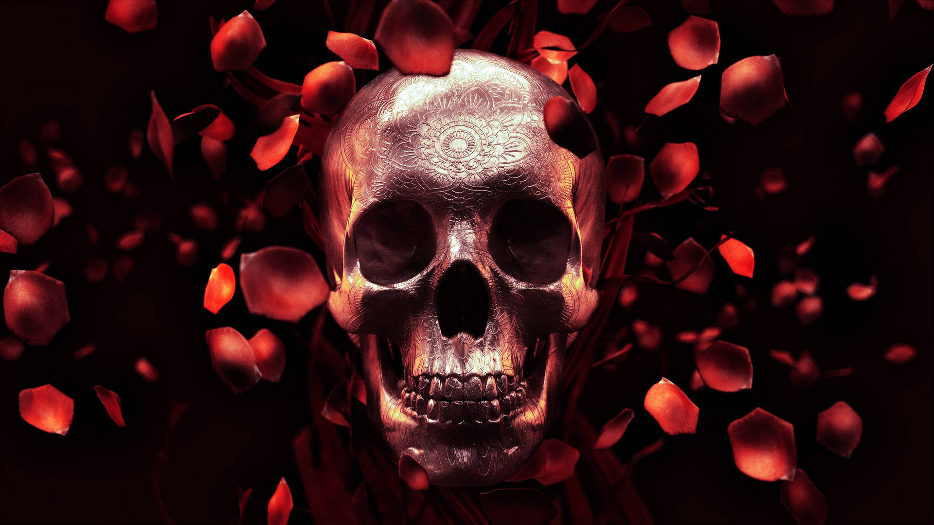 Hd Skull With Red Petals Background
