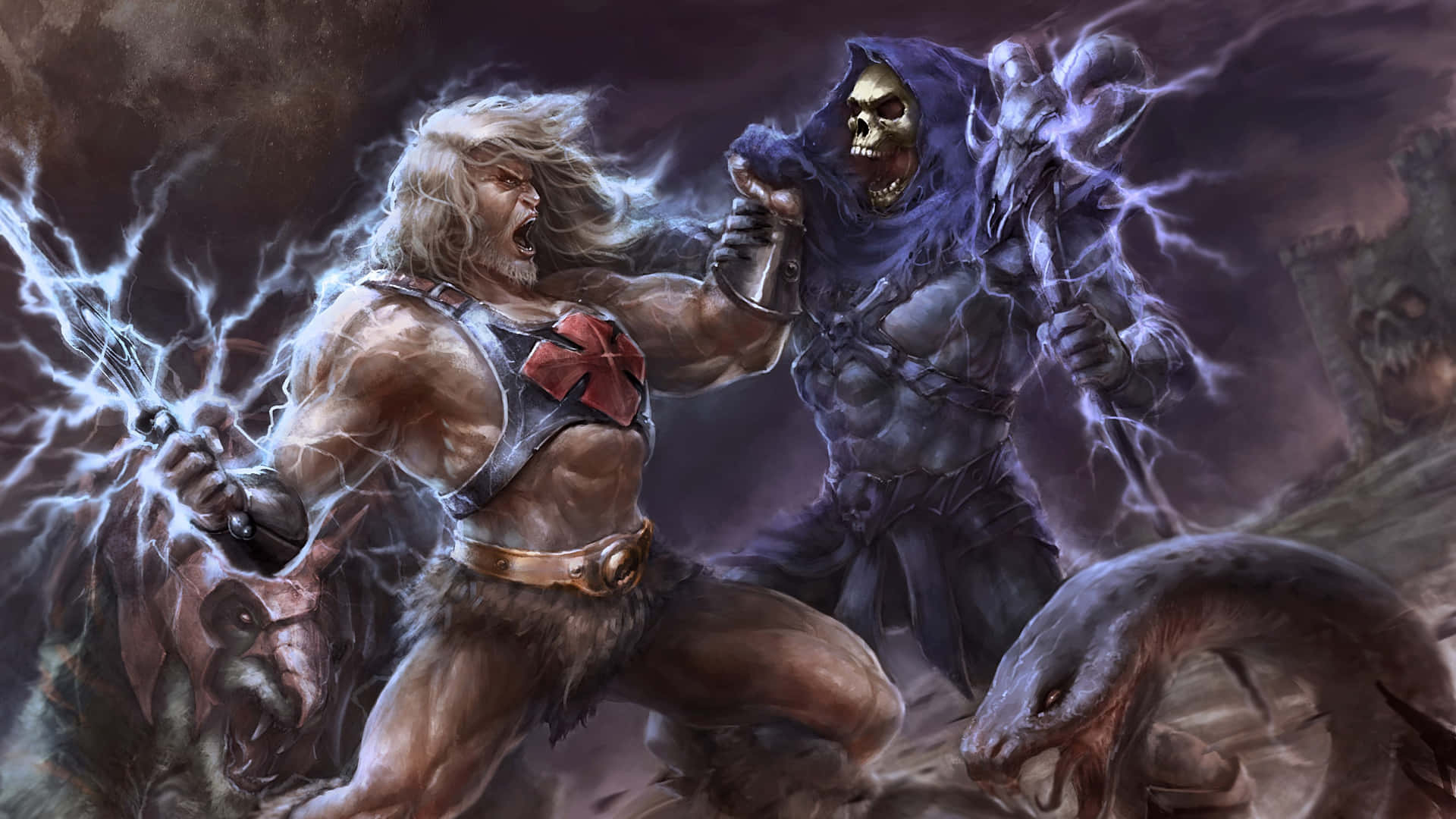 He-man And Skeleton Fighting In The Dark Background