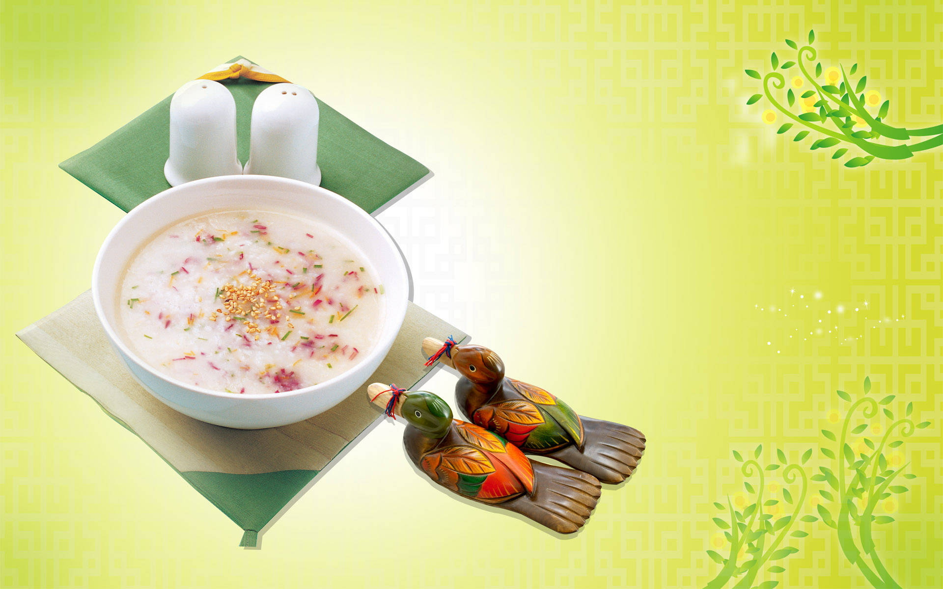 Healthy Chinese Rice Soup With Herbal Toppings Background