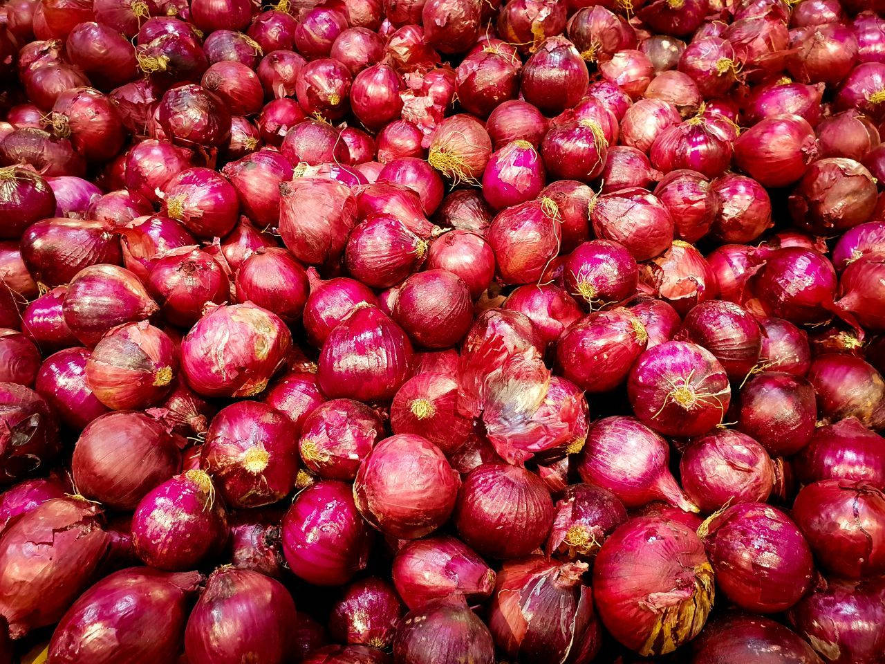 Heap Of Fresh And Rotten Red Onions