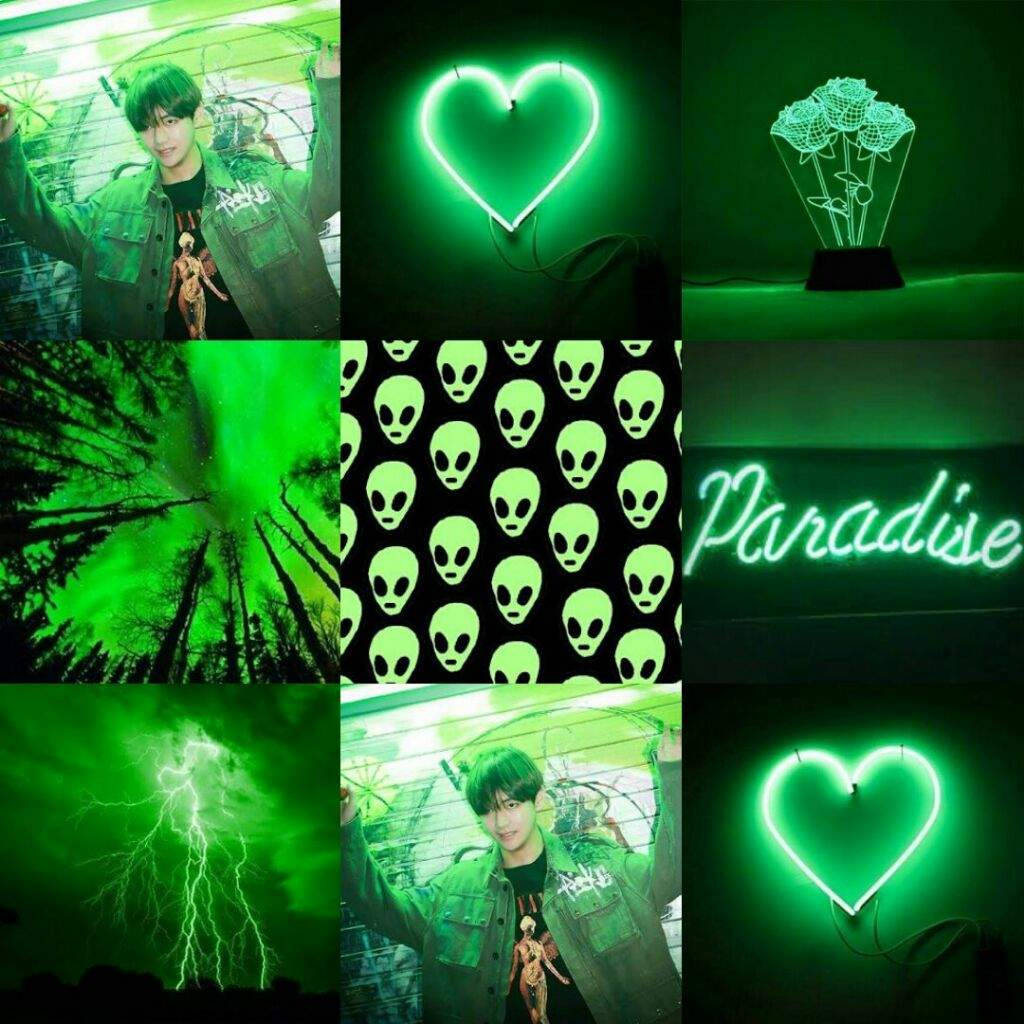 Heart And Roses Neon Green Aesthetic Background