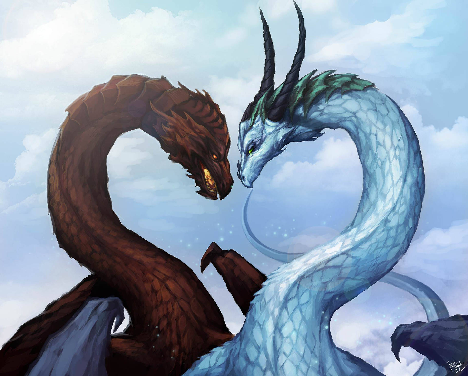 Heart Shape Dark And Light Dragon Background