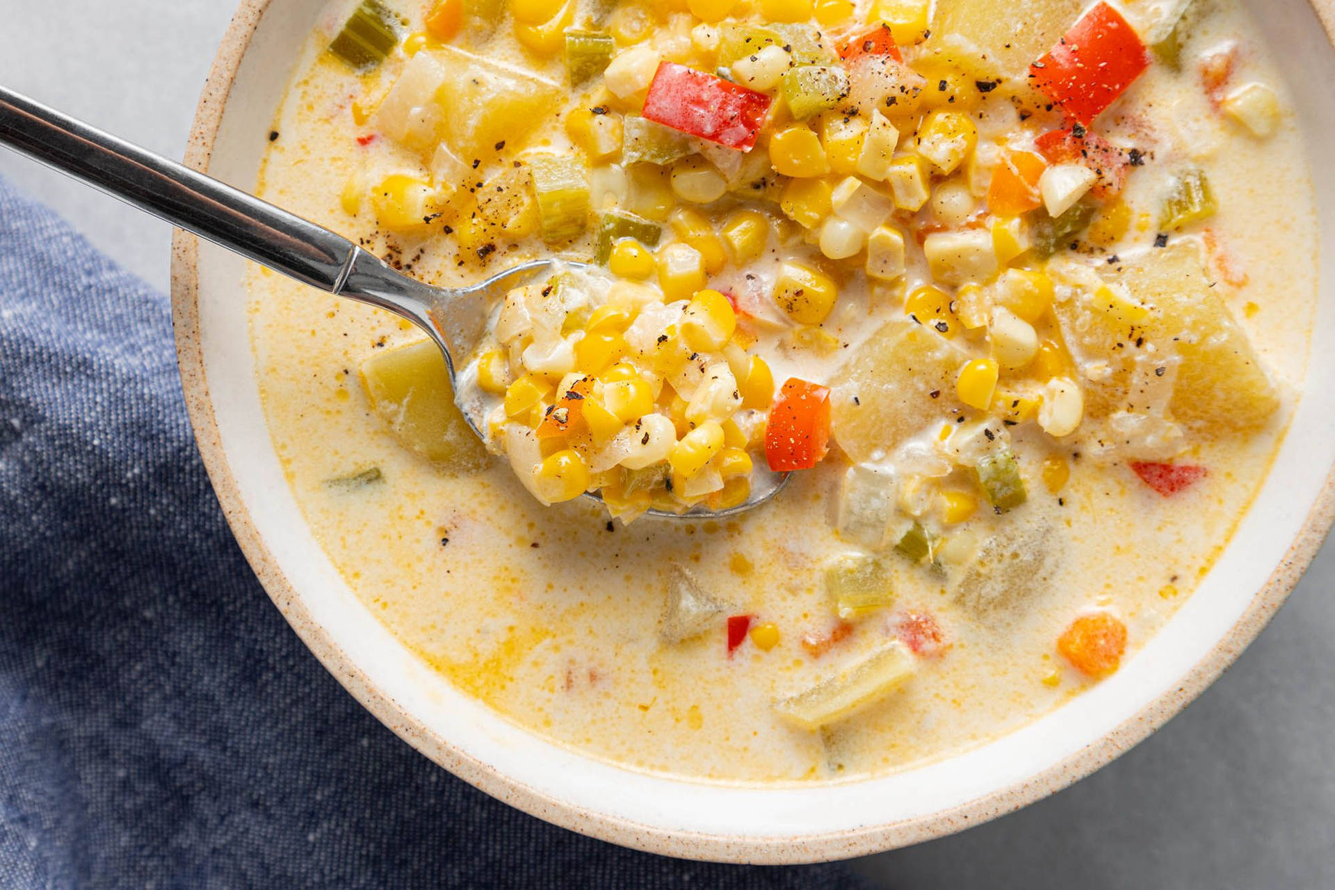 Hearty Corn Chowder With Bell Peppers Background