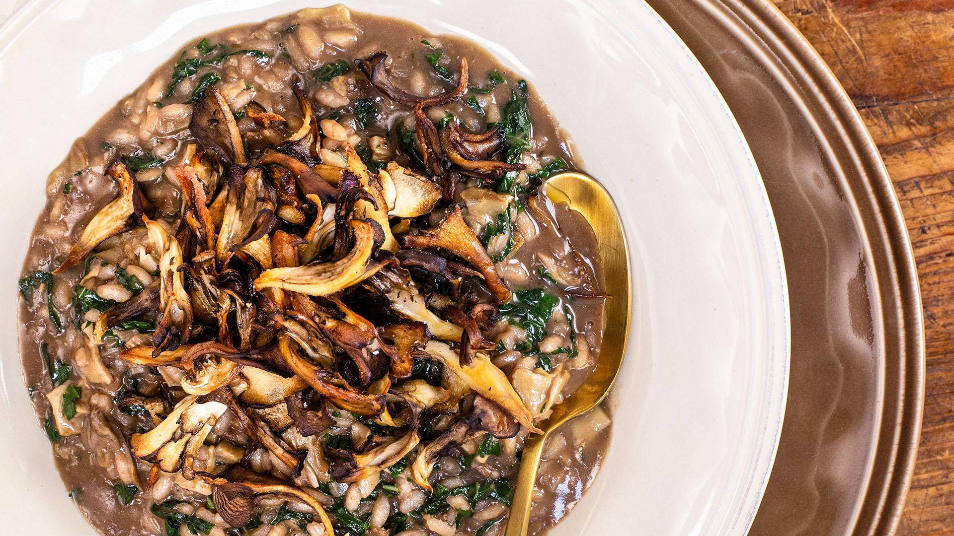 Hearty Kale Risotto With A Glass Of Fine Wine Background