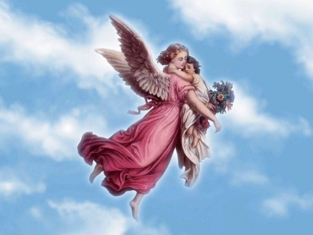 Heavenly Angels Cuddling In The Sky Background