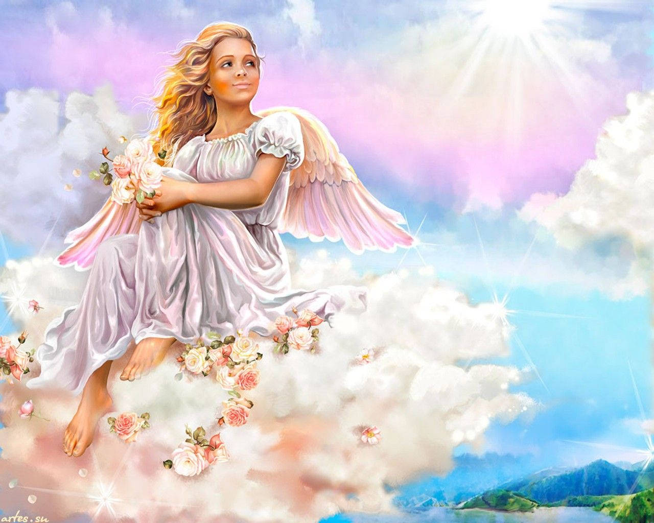 Heavenly Angels Holding Flowers Background