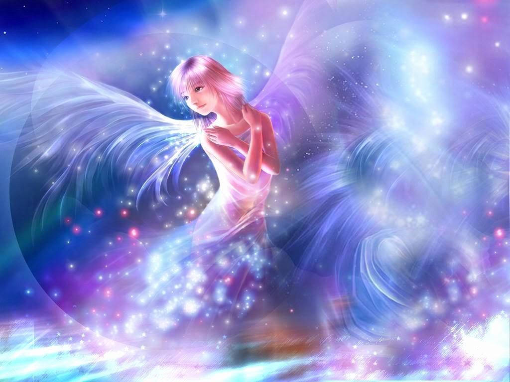 Heavenly Angels With Cosmic Purple Wings Background