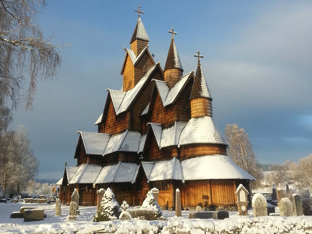 Heddal Stave Church Covered In Snow