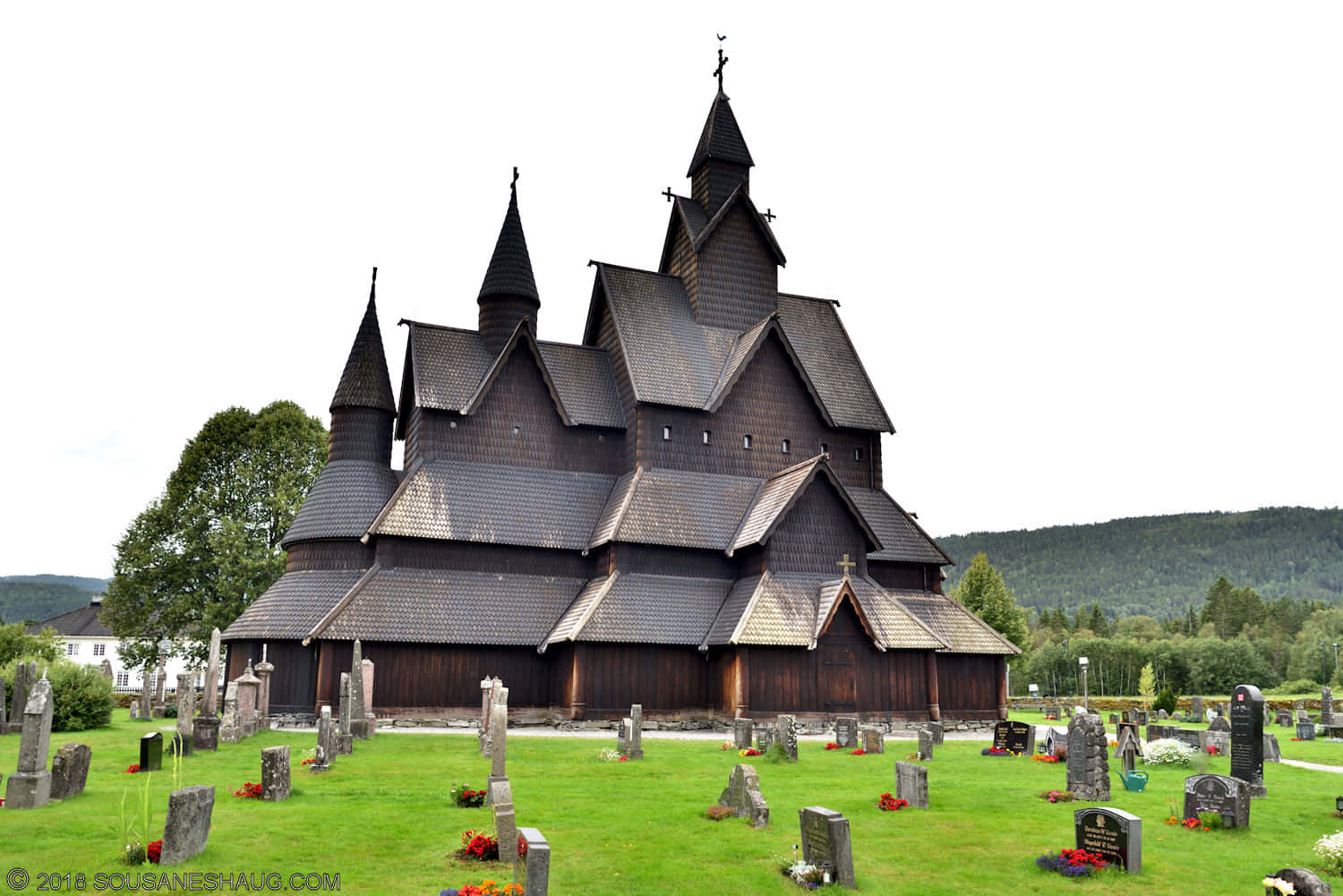 Heddal Stave Church Graveyard With Roses Background