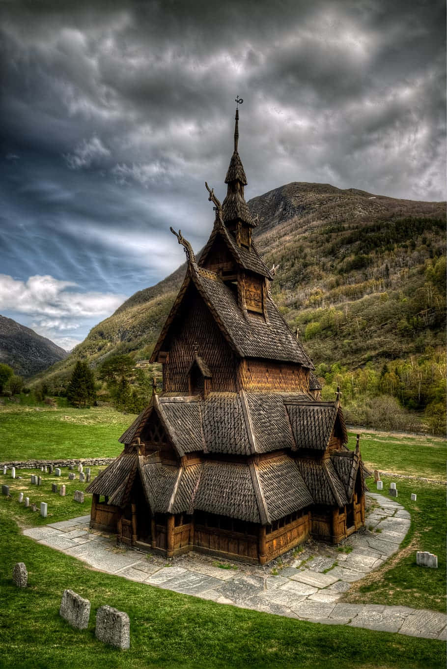 Heddal Stave Church Under Gray Clouds Background