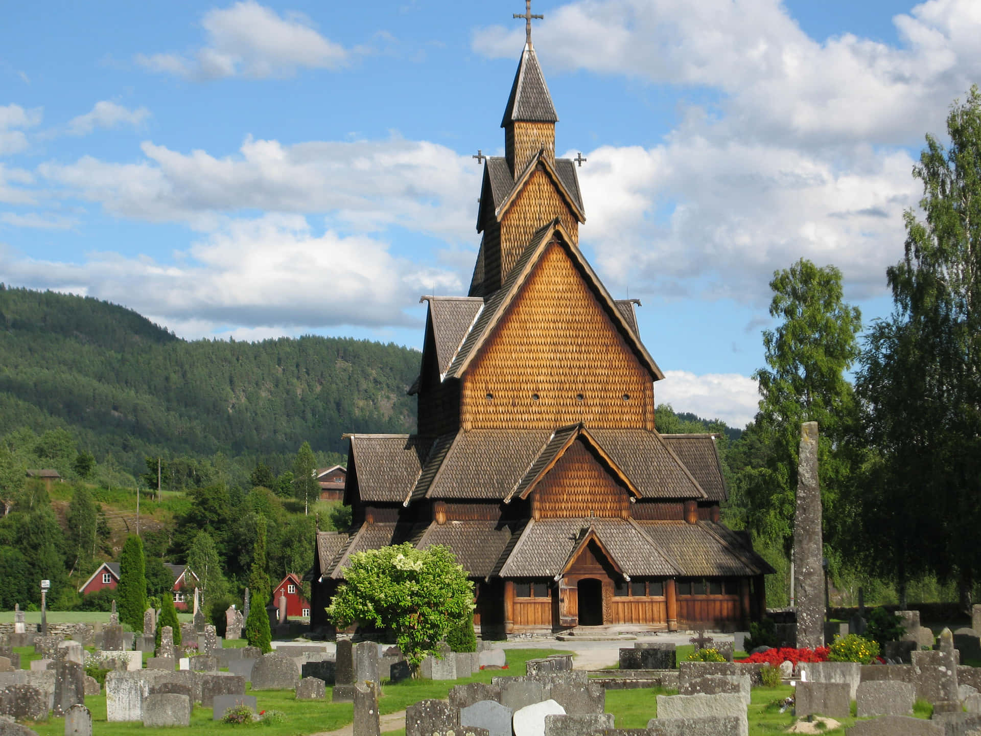 Heddal Stave Church With Mountain View