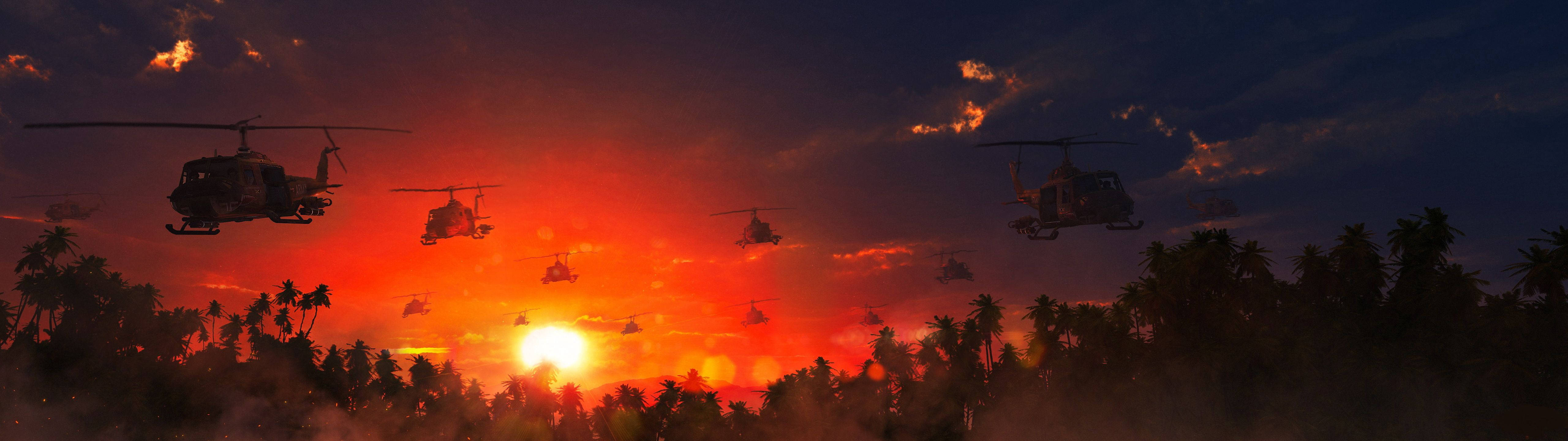 Helicopters In Sunset Background