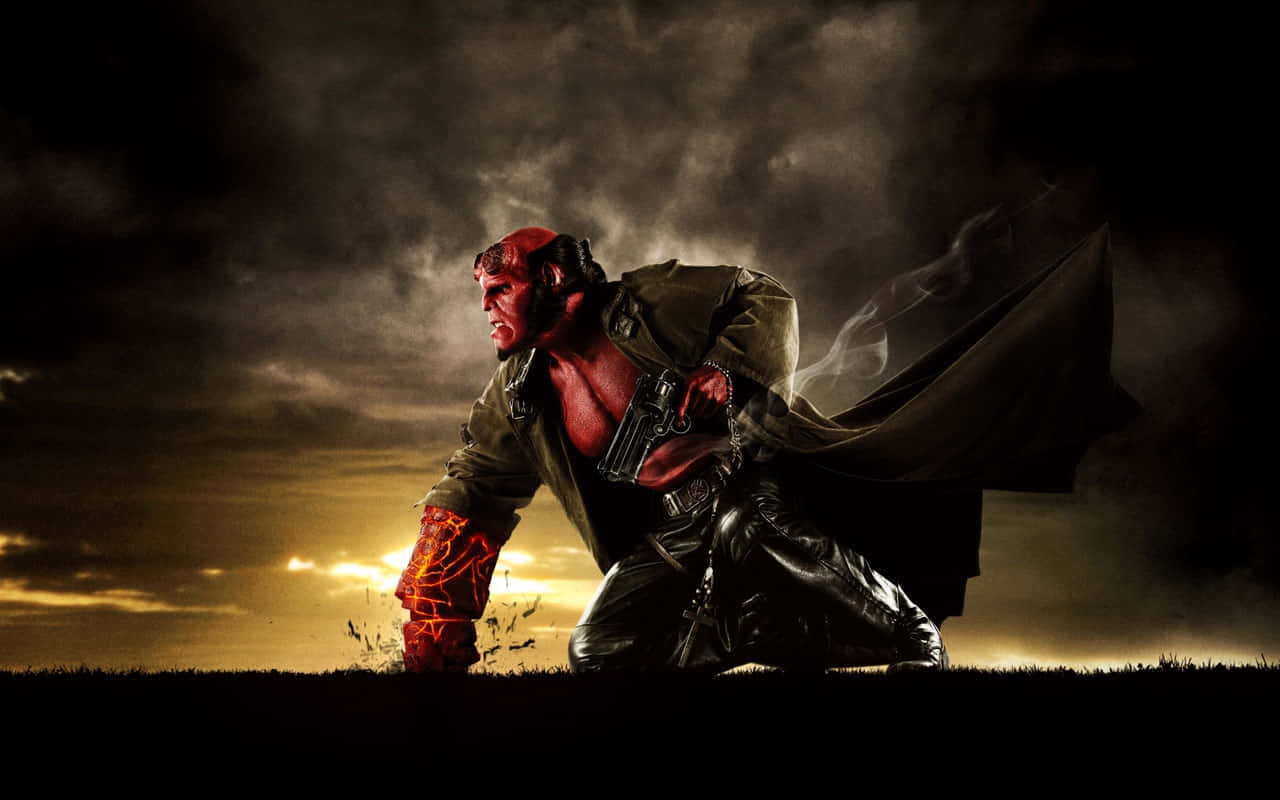 Hellboy Dramatic Pose Sunset Background