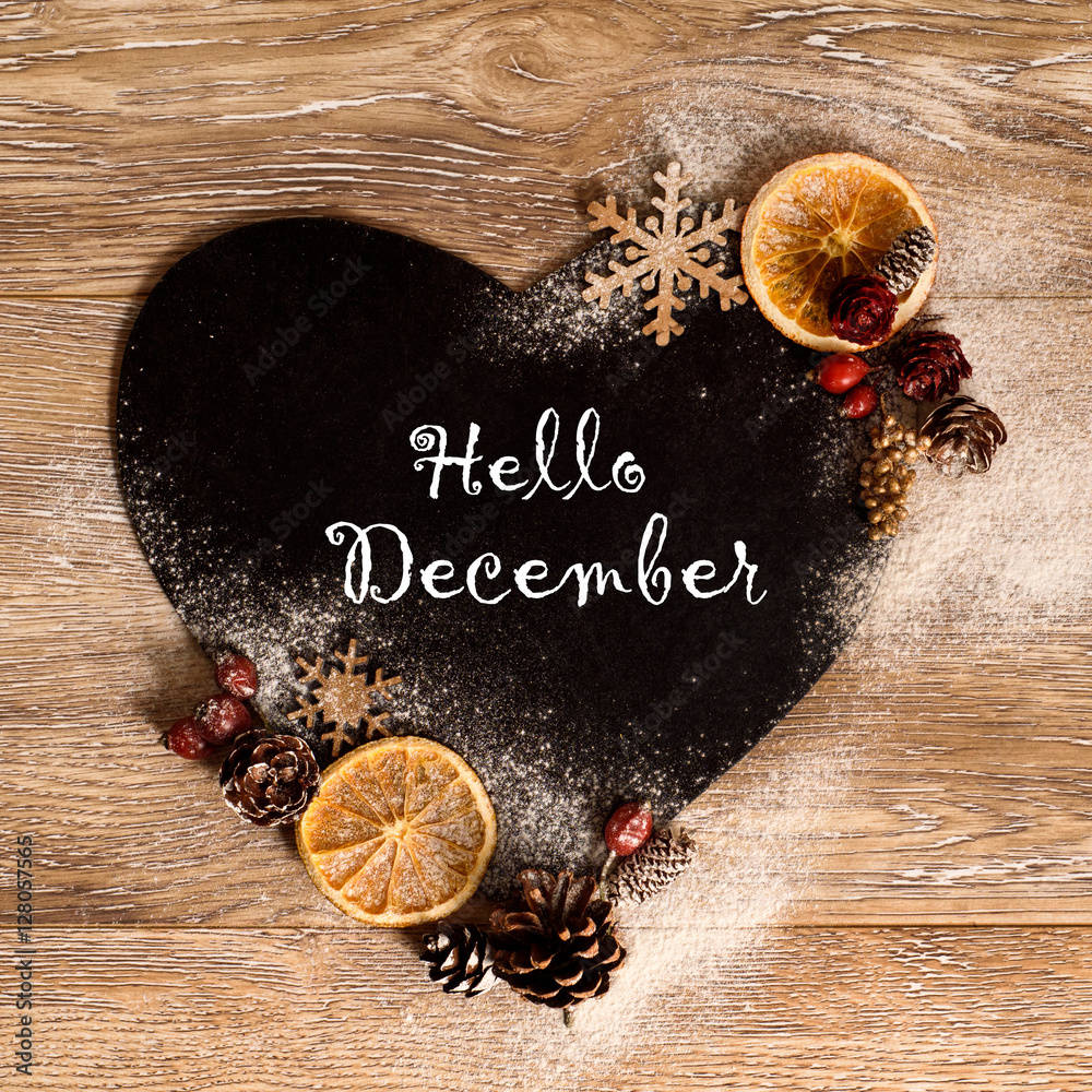 Hello December On Heart-shaped Cake Background