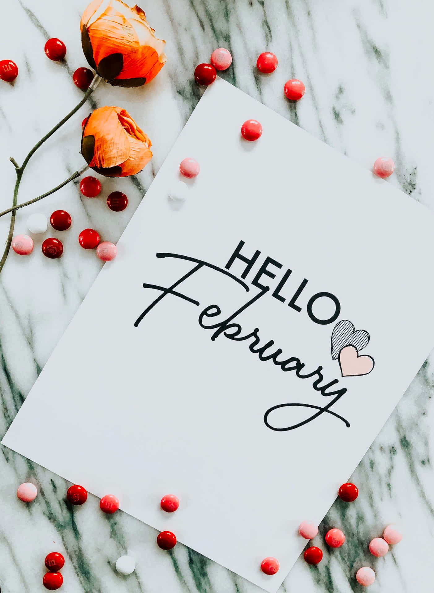 Hello February Greeting Card With Flowers And Hearts Background
