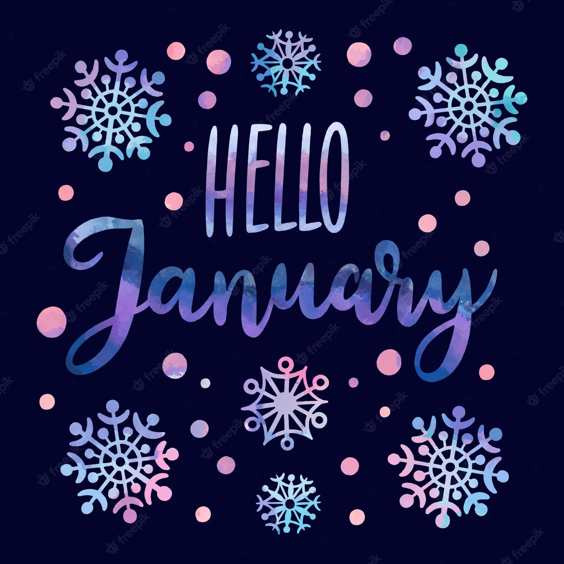Hello January Handwritten Lettering On A Dark Background With Snowflakes Background