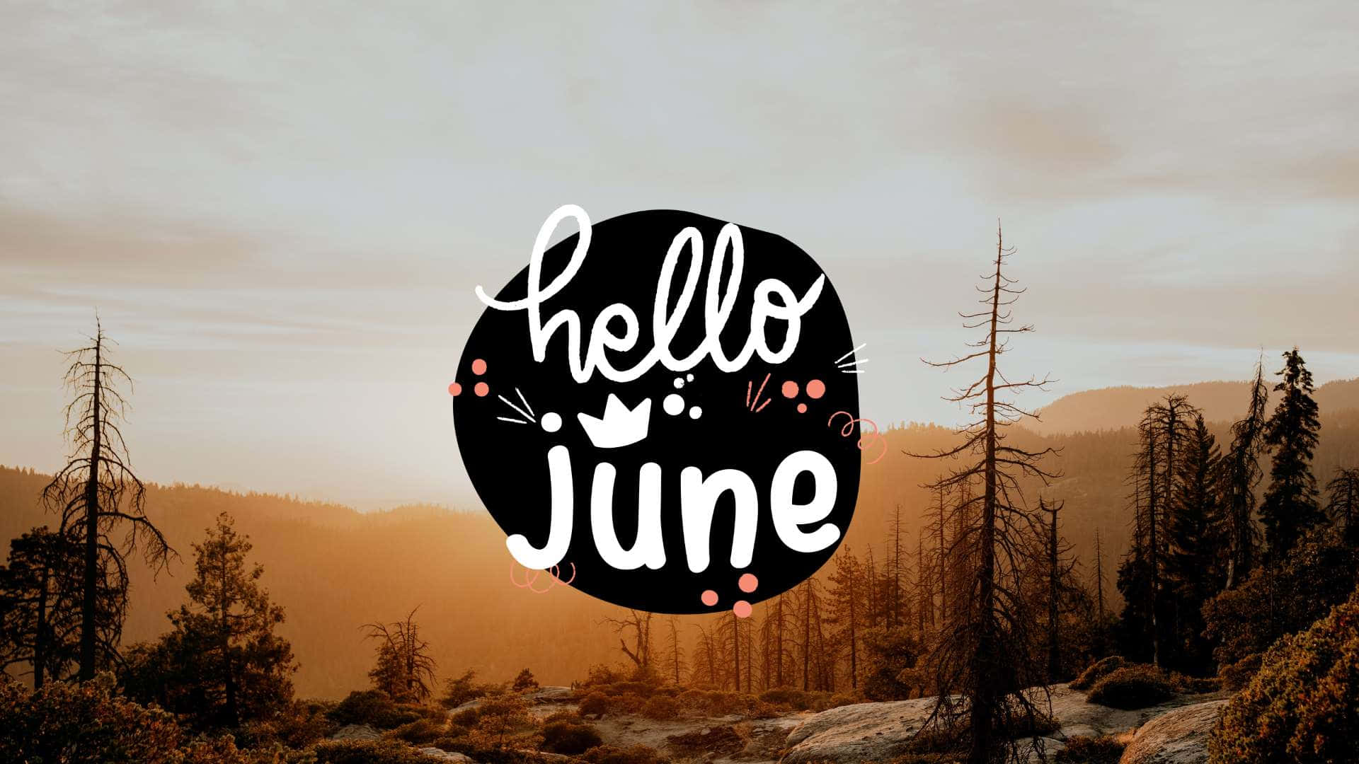 Hello June Logo With Trees And Mountains Background