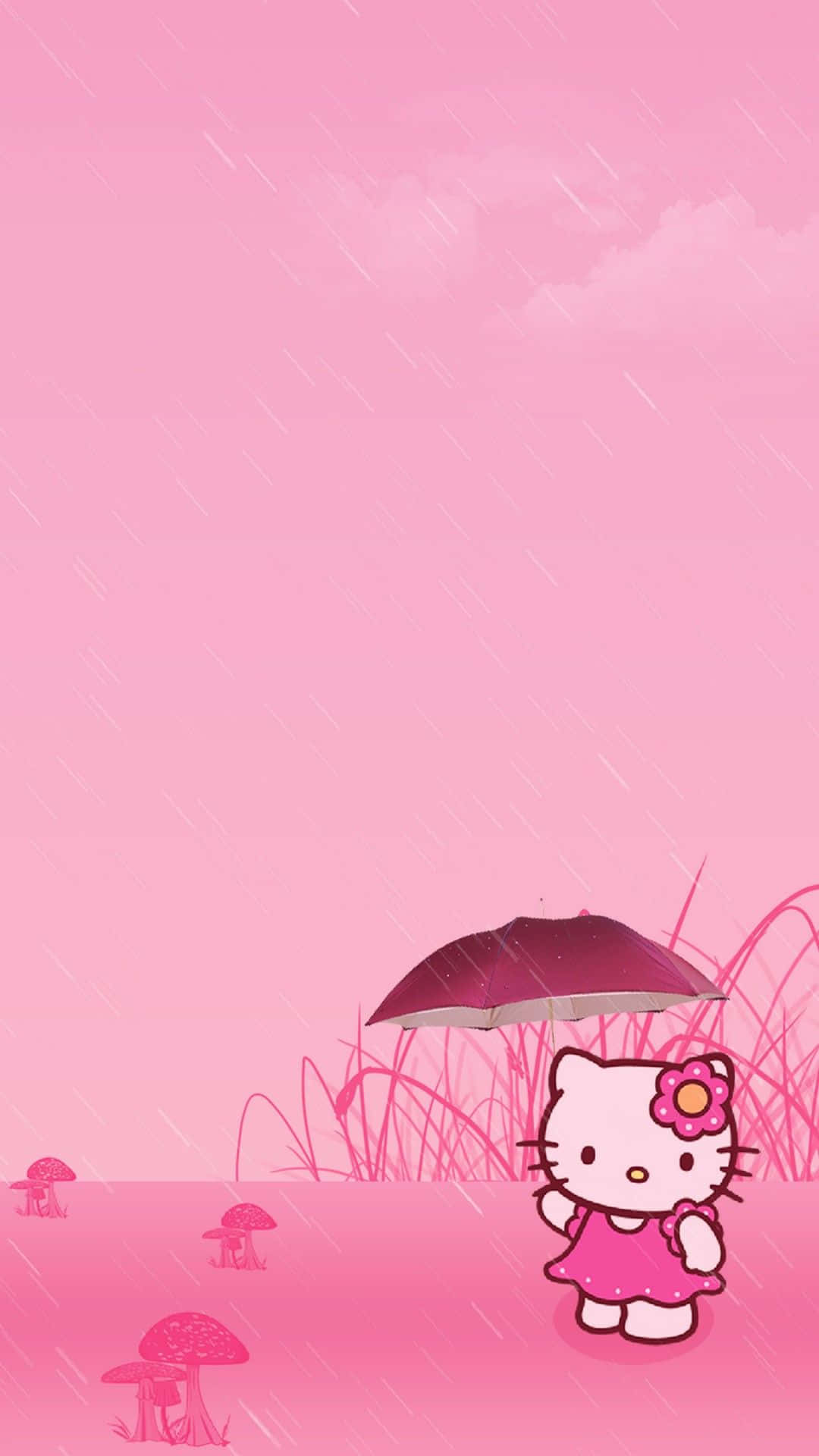 Hello Kitty In The Rain With An Umbrella Background
