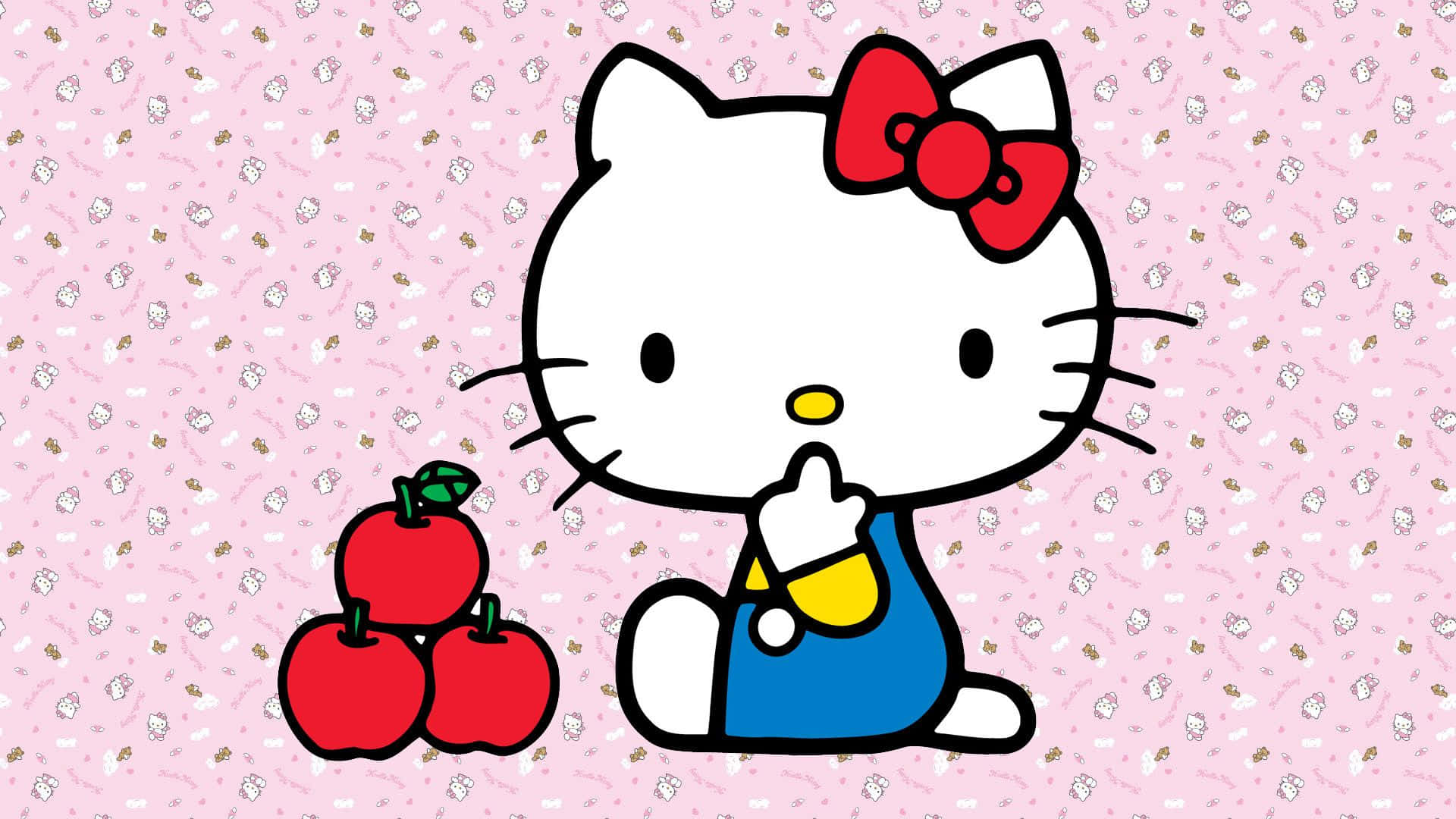 Hello Kitty Sitting On A Pink Background With Apples