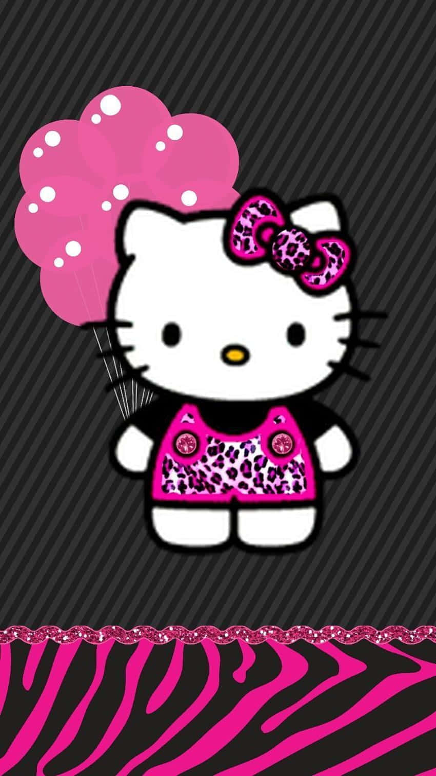 Hello Kitty With Balloons And Zebra Print Background