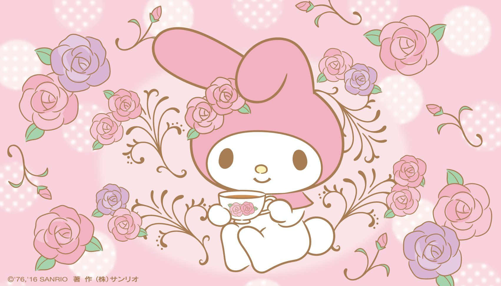 Hello Kitty With Roses And A Cup Background