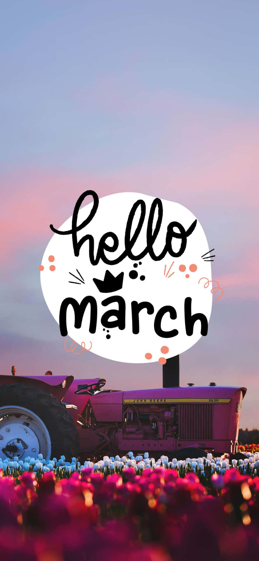 Hello March Red Tractor On Field Of Flowers