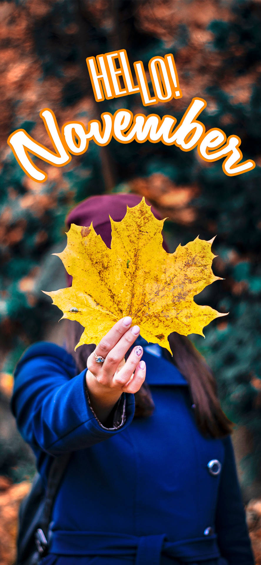 Hello November Woman Holding Leaf Background