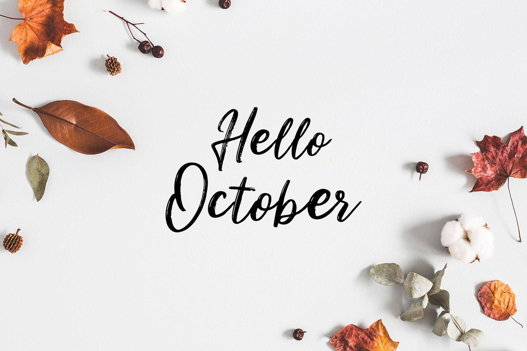 Hello October White Table With Leaves Background