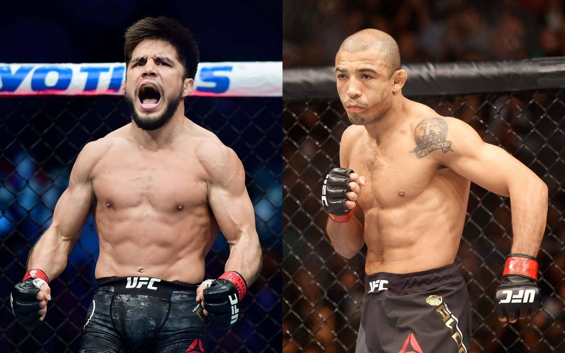 Henry Cejudo And Jose Aldo In The Ring Collage Background