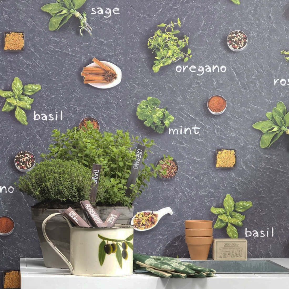 Herbs And Spices On Vase And Sink Background