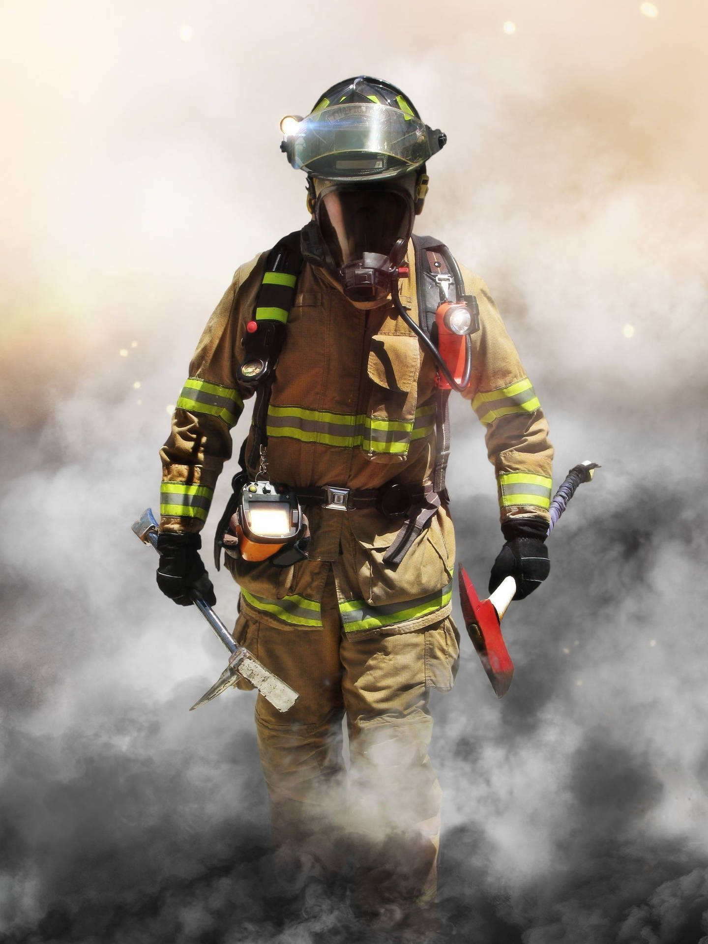 Hero Fireman Coming Out From The Smoke Background