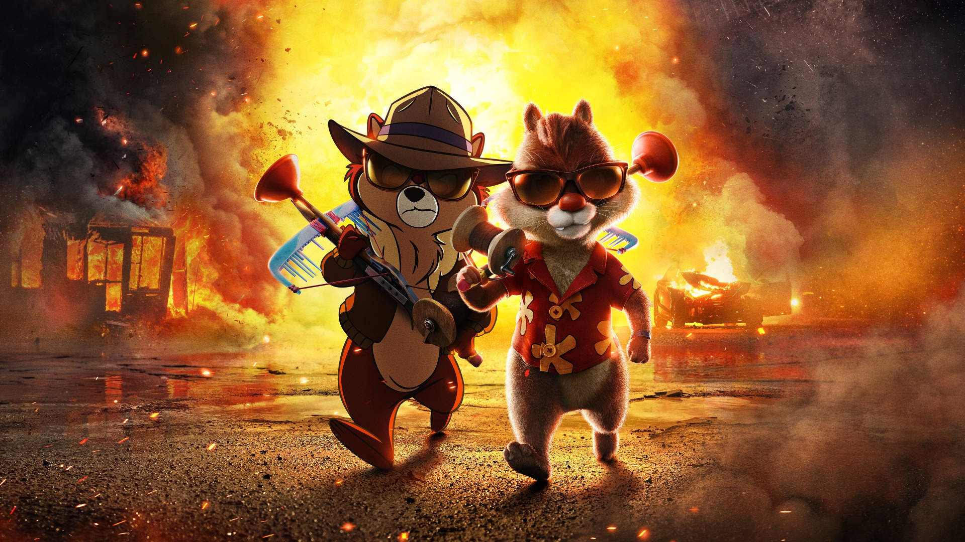 Heroes Assemble: Chip 'n' Dale Walking Out Of An Explosion Background