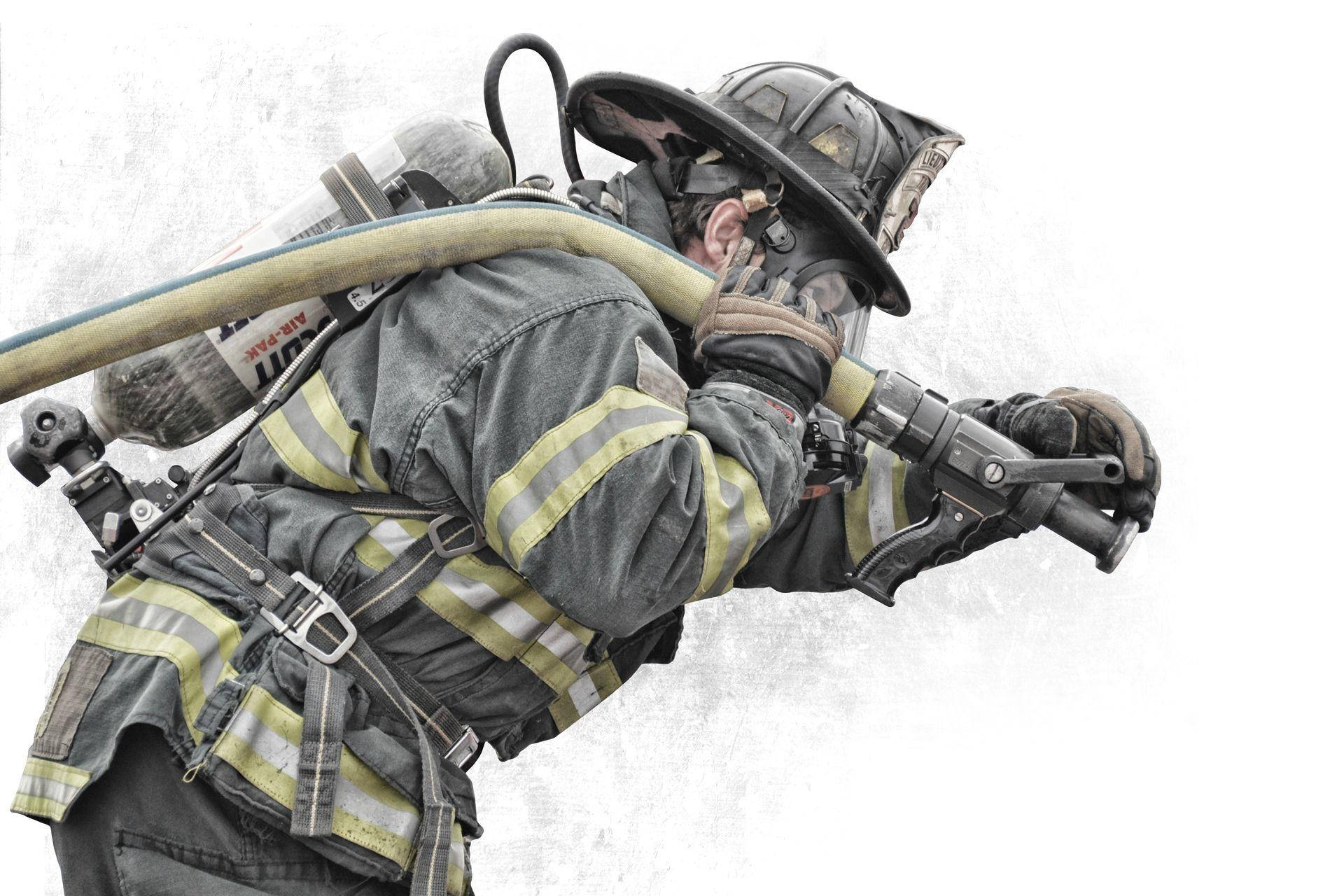 Heroic Firefighters With Water Hose Background