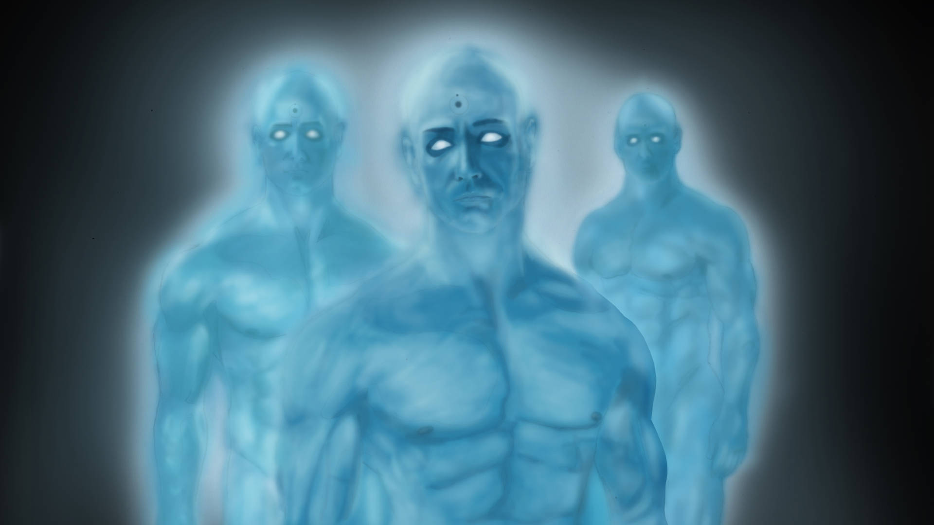 High-definition Image Of The Three Manhattans From Watchmen Series Background