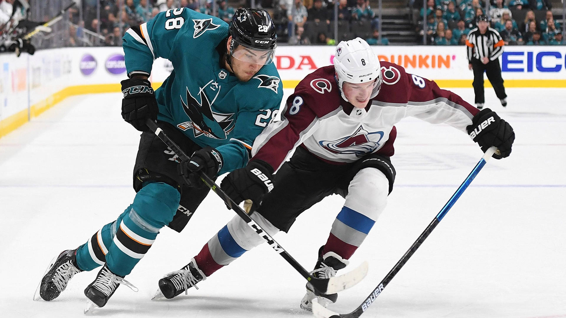 High-performance Game Moment Between Nhl Stars; Cale Makar Goes Up Against Timo Meier. Background