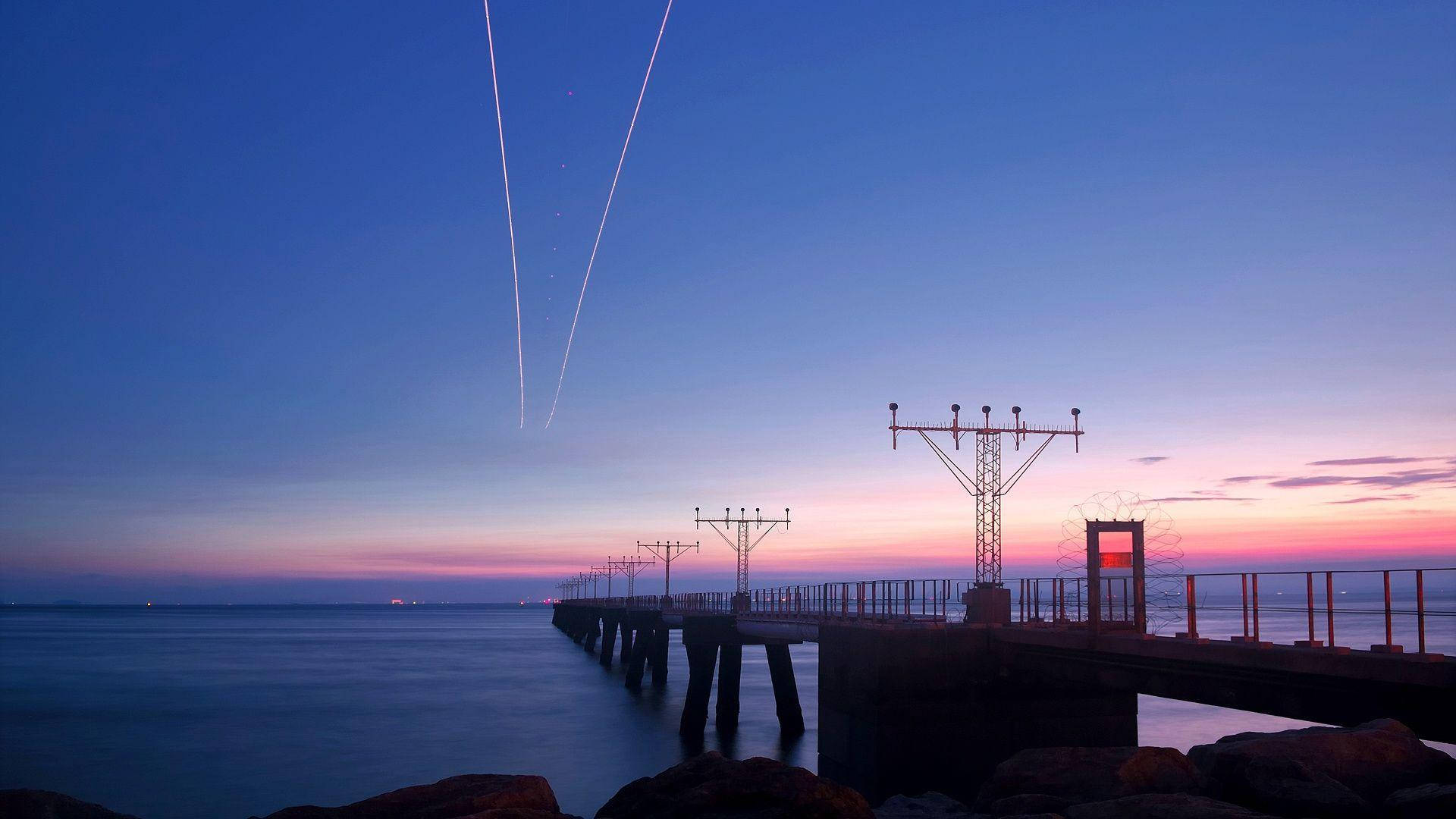 High Res Train Tracks Over Sea Background