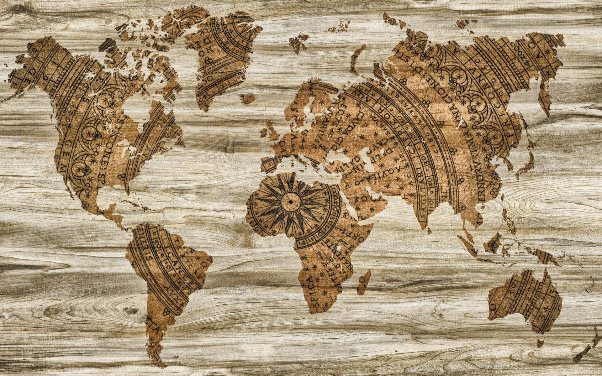 High Resolution World Map Compass On Wood Background