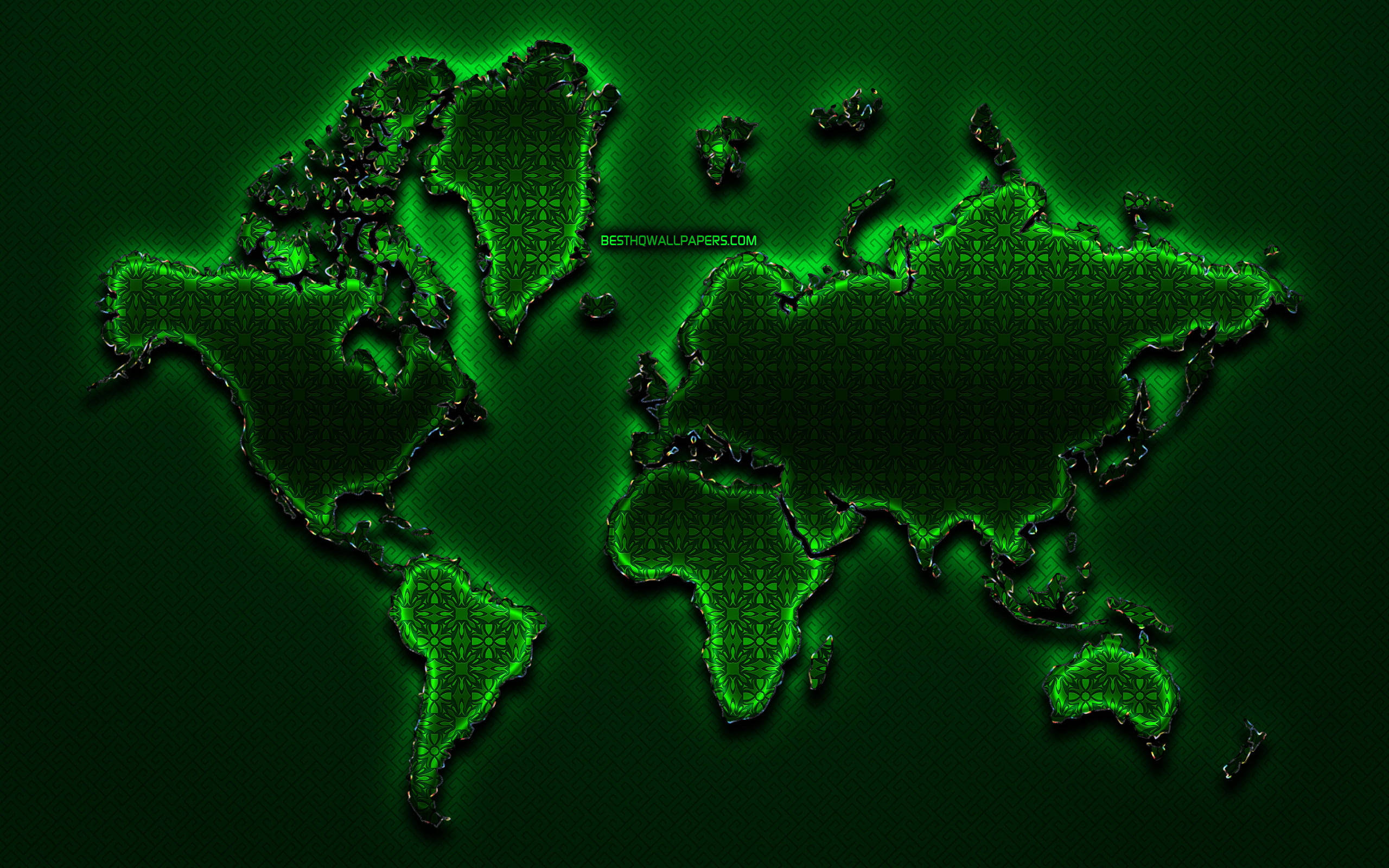 High Resolution World Map Neon Green Outlines Background