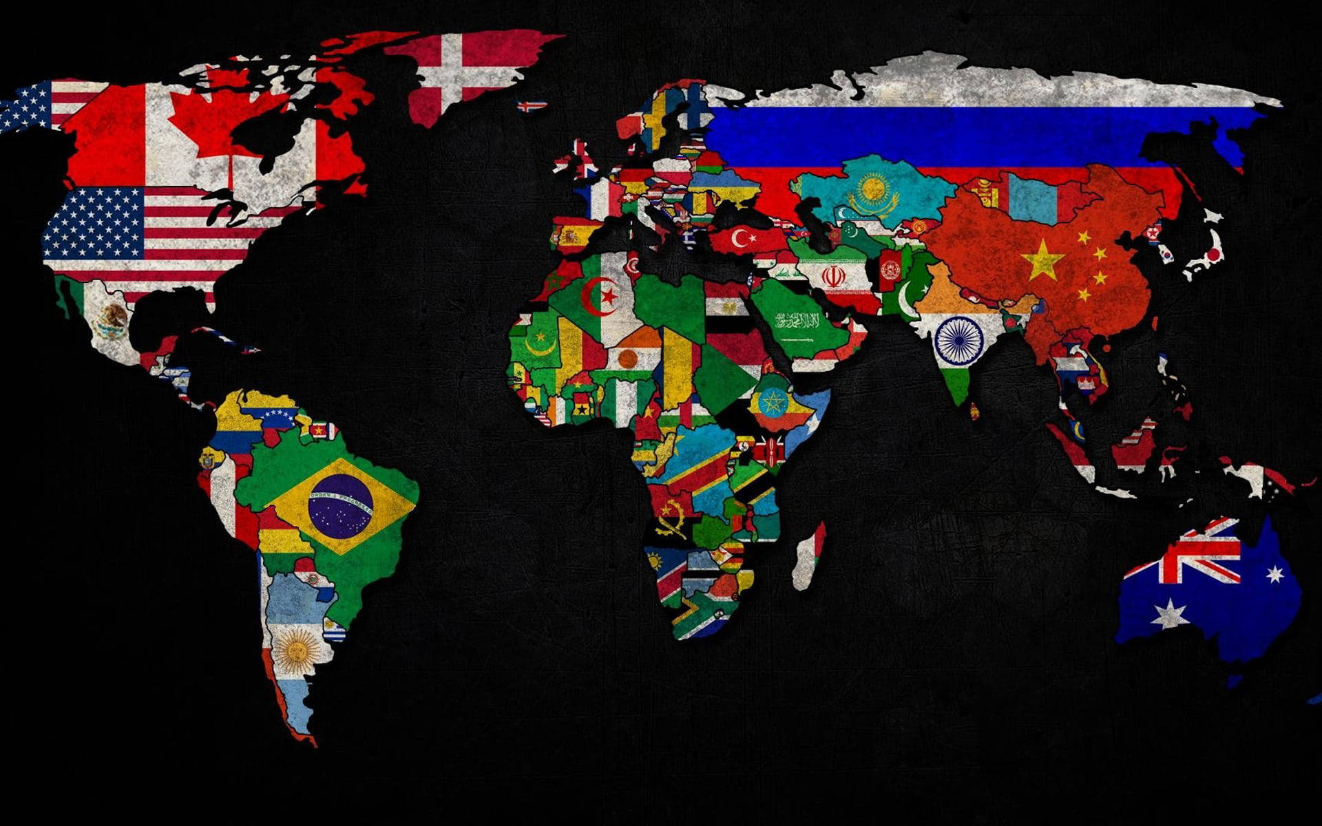 High Resolution World Map With National Flags Background