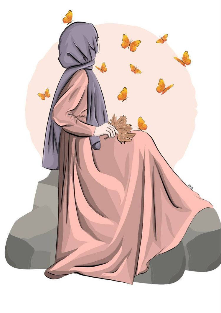 Hijab Cartoon Orange Butterflires