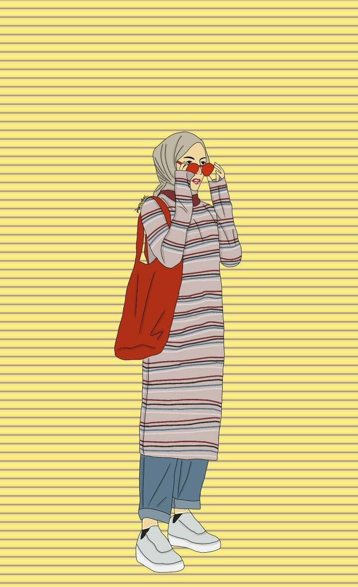 Hijab Cartoon Striped Yellow Background