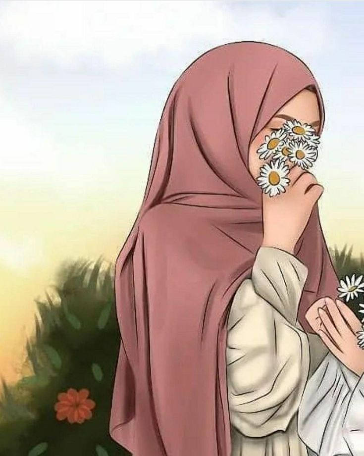 Hijab Cartoon White Flowers