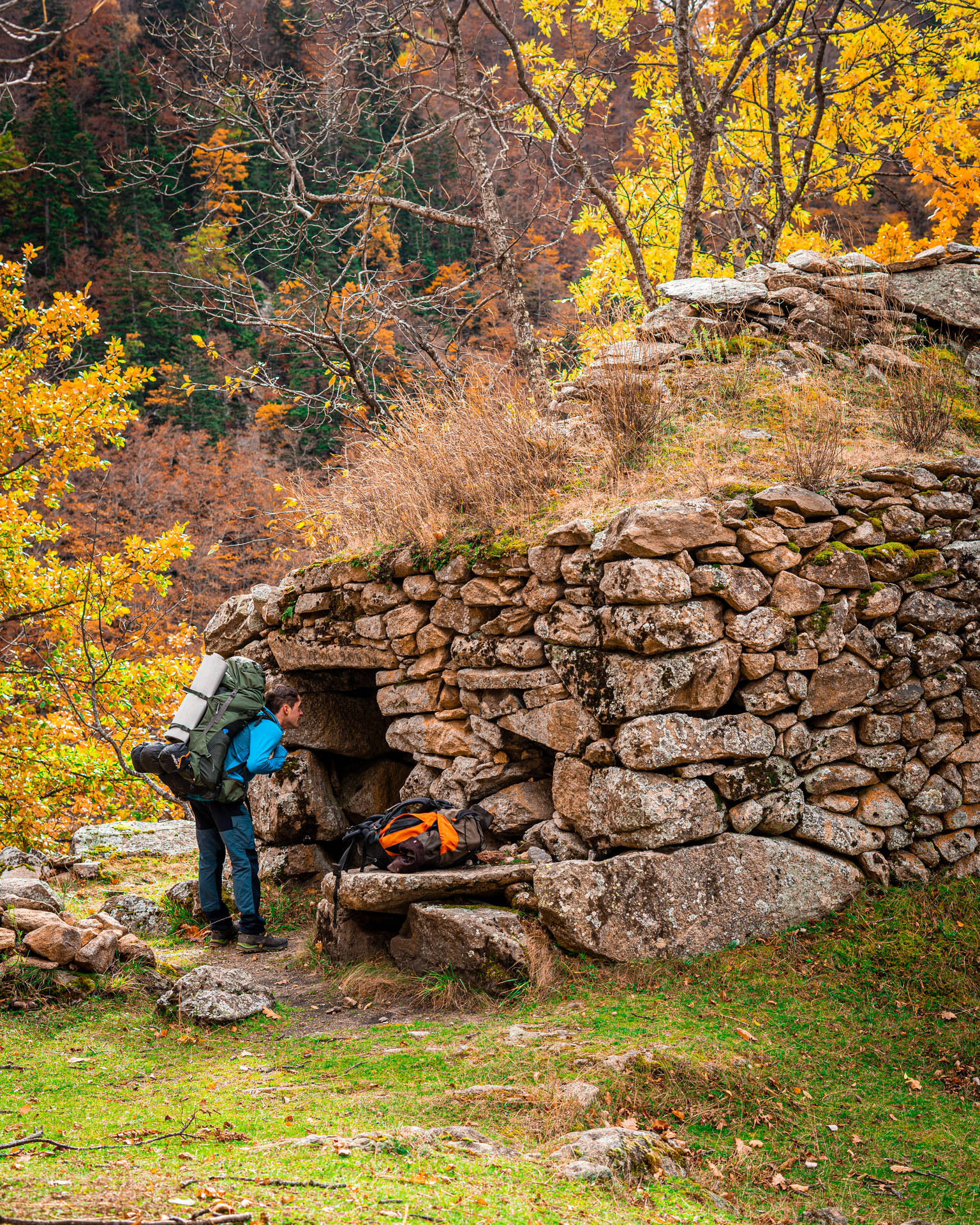 Hiker And Stone Cave Best Autumn Background