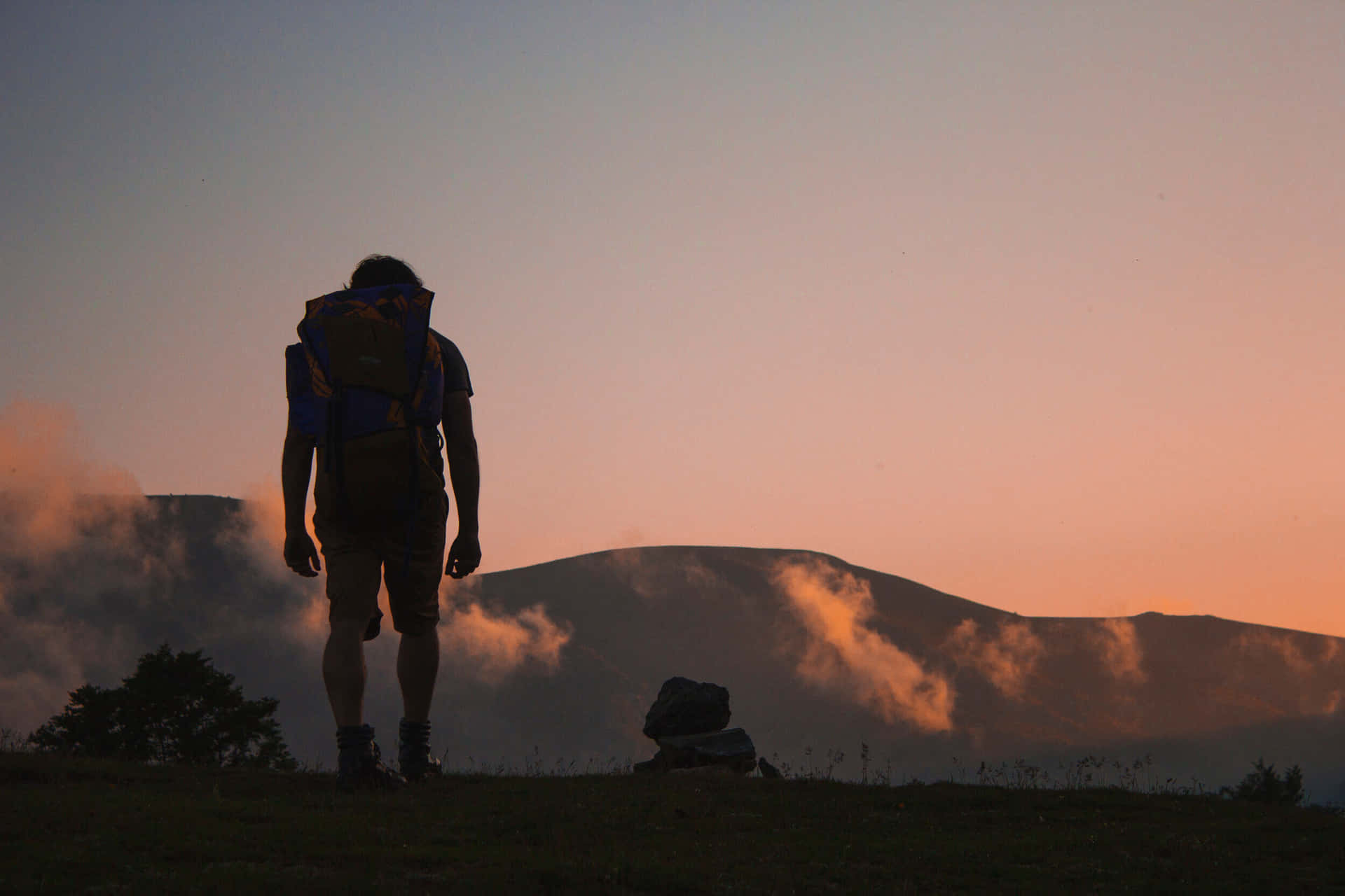 Hiker Silhouette Sunset Trek Background